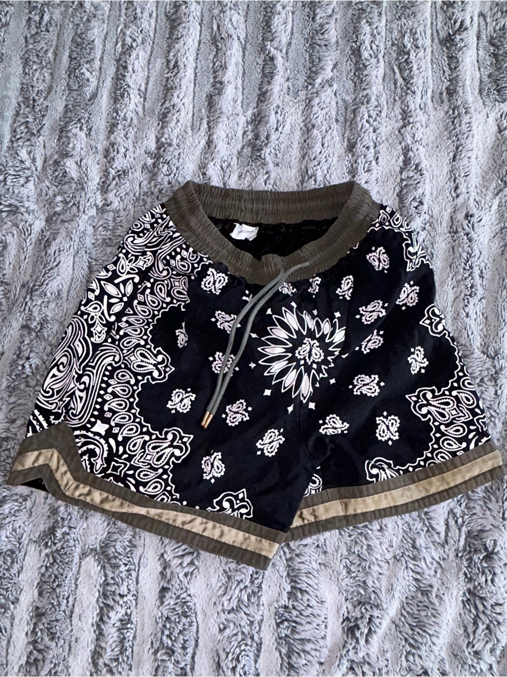 Ask Yurself Bandana-Print Black Athletic Shorts with Olive Trim